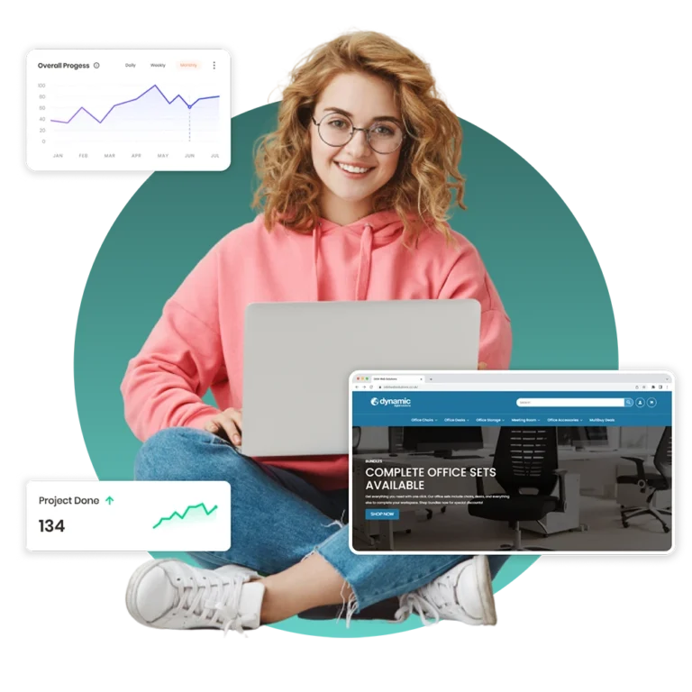 Woman with laptop analyzing website and progress charts.